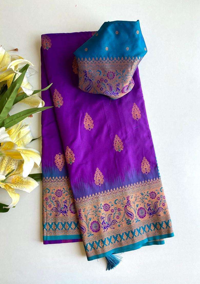 Purple Silk Blend Saree Set with Zari Work for Diwali | Wedding & Festive Wear - Indya