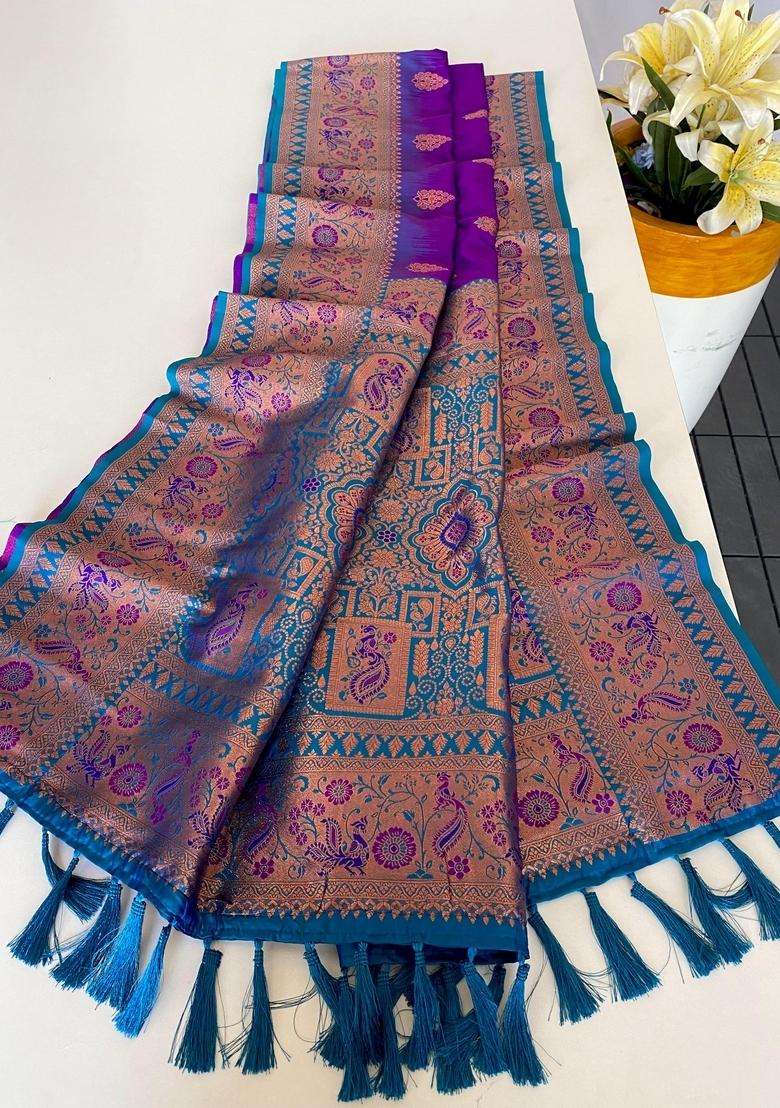 Purple Silk Blend Saree Set with Zari Work for Diwali | Wedding & Festive Wear - Indya