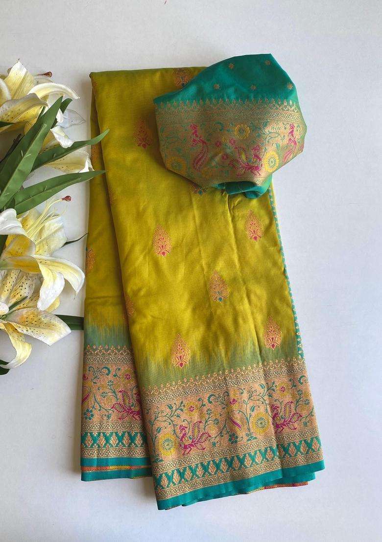 Lemon Yellow Zari Work Silk Blend Saree Set for Diwali and Festive Wear - Indya