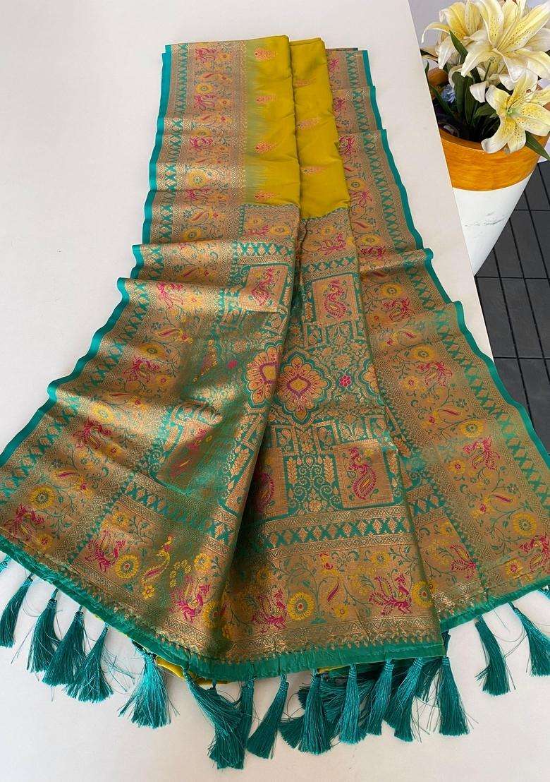 Lemon Yellow Zari Work Silk Blend Saree Set for Diwali and Festive Wear - Indya