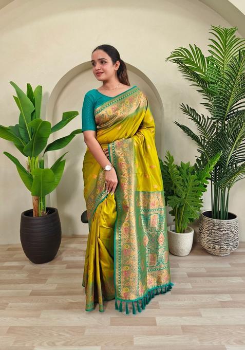 Lemon Yellow Zari Work Silk Saree Set