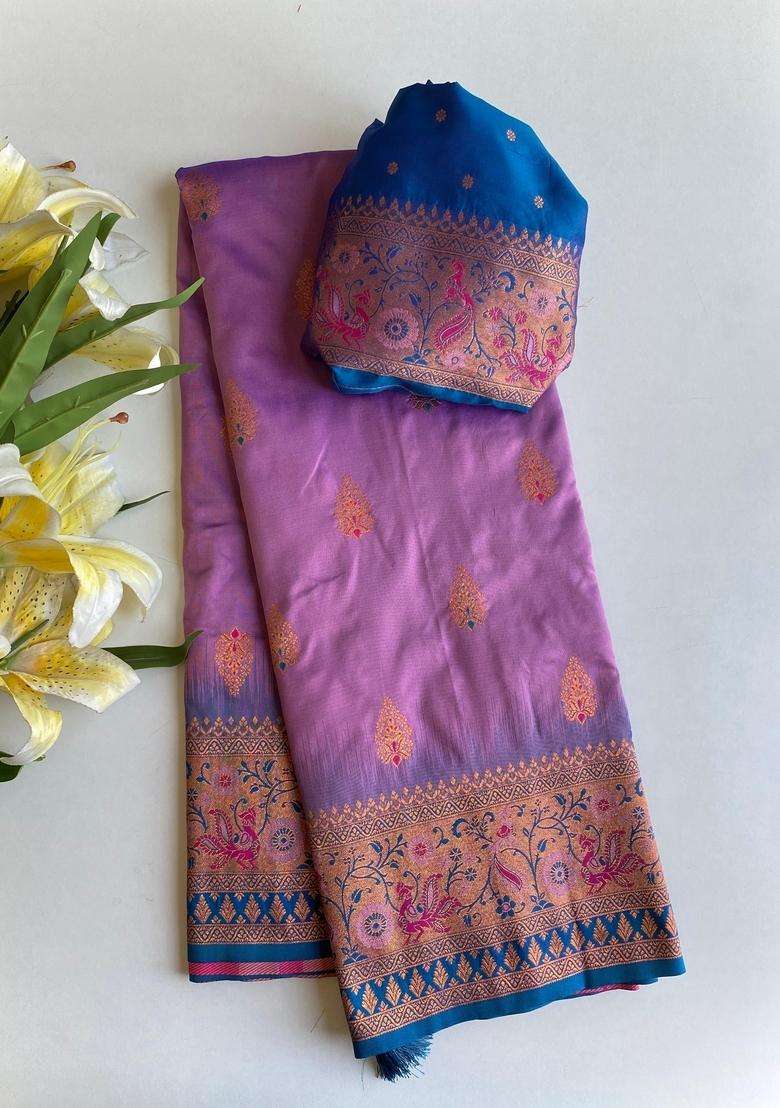 Lavender Zari Work Silk Blend Saree Set for Diwali and Festive Wear - Indya