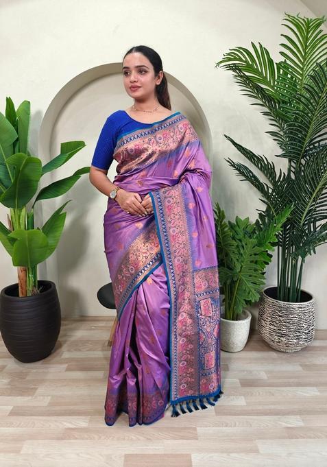 Lavender Zari Work Silk Saree Set
