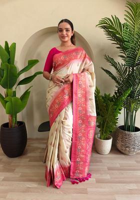 White Zari Work Silk Saree Set