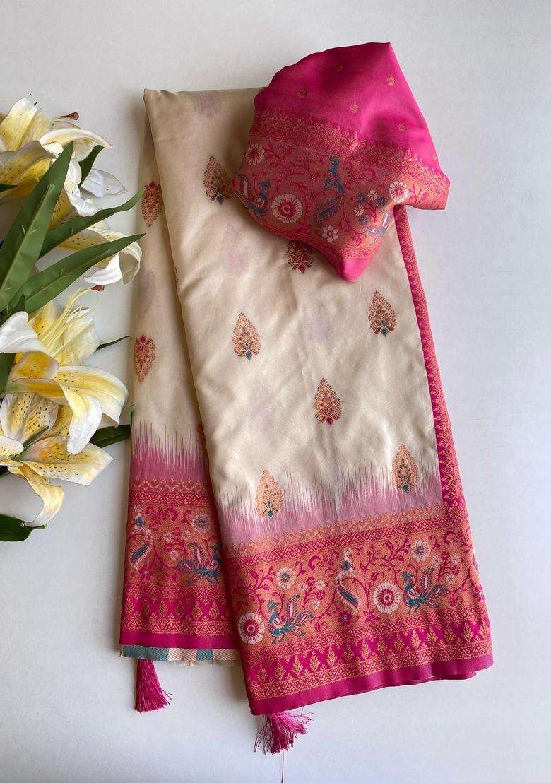 White Silk Blend Saree Set with Zari Work for Diwali | Wedding & Festive Wear - Indya