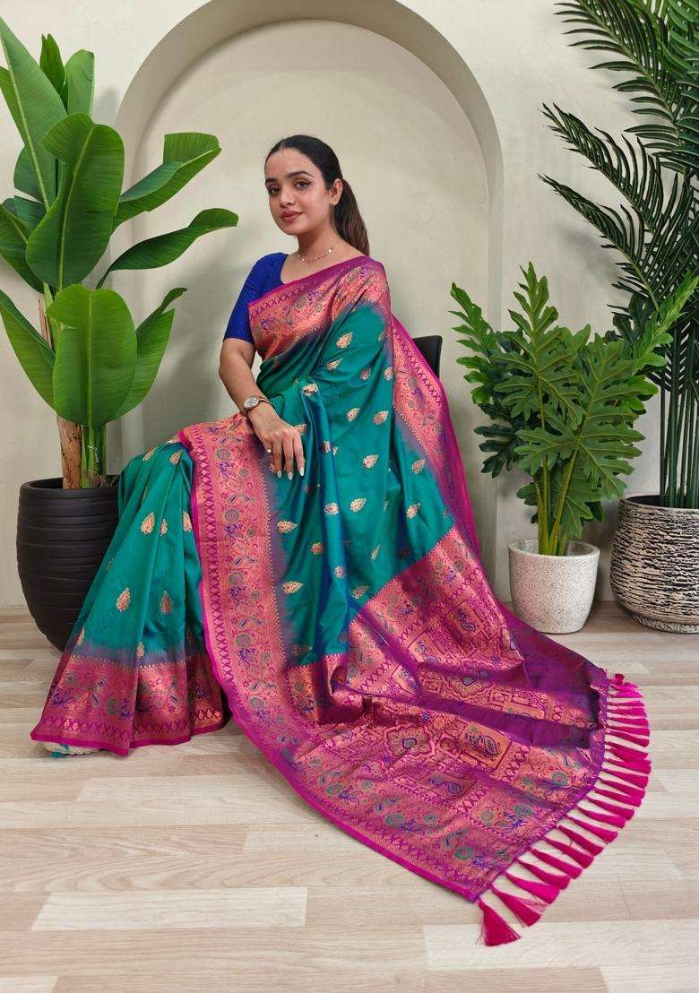 Rama Green Zari Work Silk Blend Saree Set - Indya