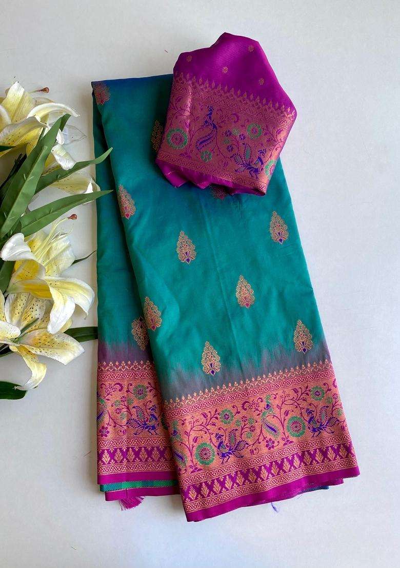 Rama Green Zari Work Silk Blend Saree Set - Indya