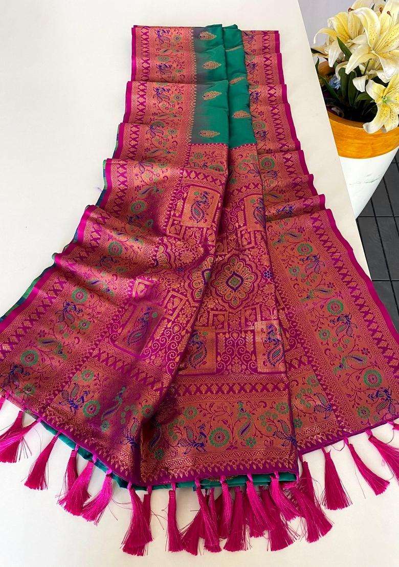 Rama Green Zari Work Silk Blend Saree Set - Indya