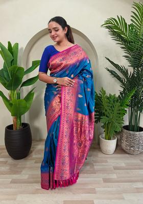 Teal Blue Zari Work Silk Saree Set