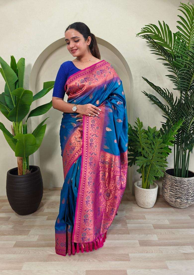 Teal Blue Zari Work Silk Blend Saree Set for Diwali and Festive Wear - Indya