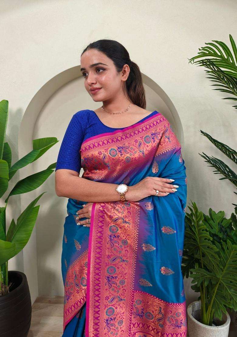 Teal Blue Zari Work Silk Blend Saree Set for Diwali and Festive Wear - Indya