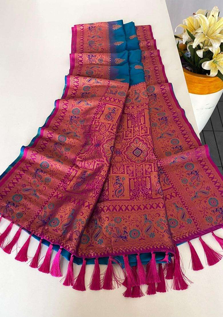 Teal Blue Zari Work Silk Blend Saree Set for Diwali and Festive Wear - Indya