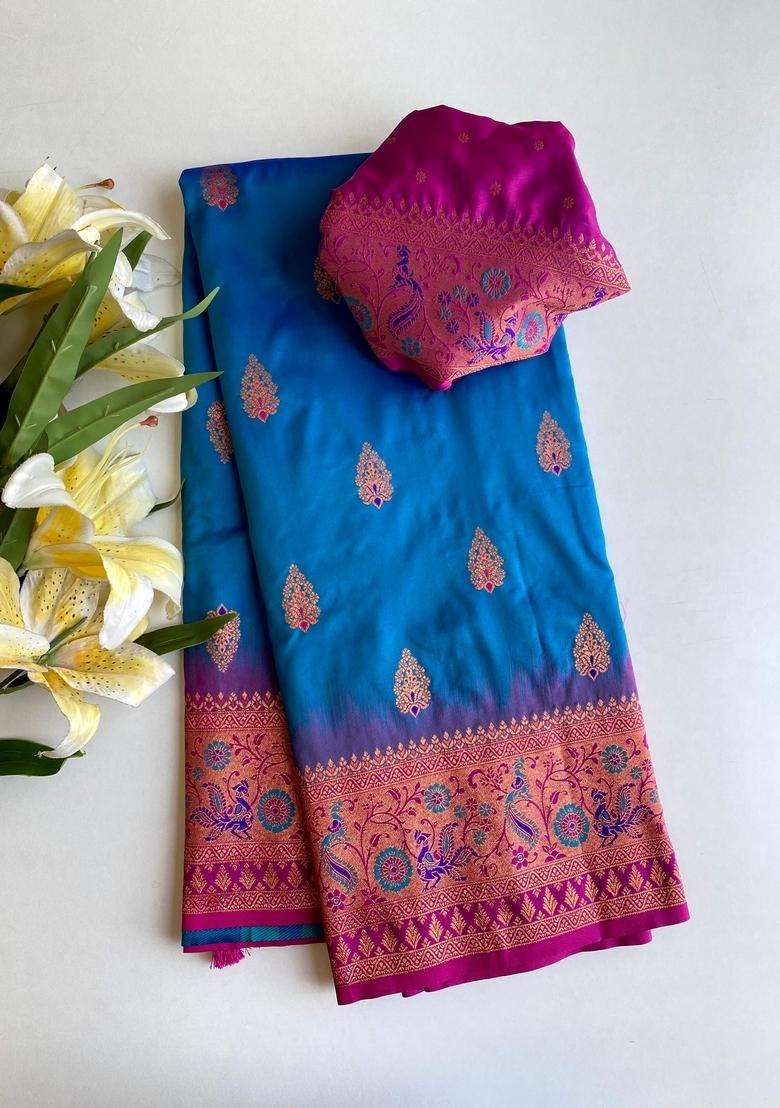 Teal Blue Zari Work Silk Blend Saree Set for Diwali and Festive Wear - Indya