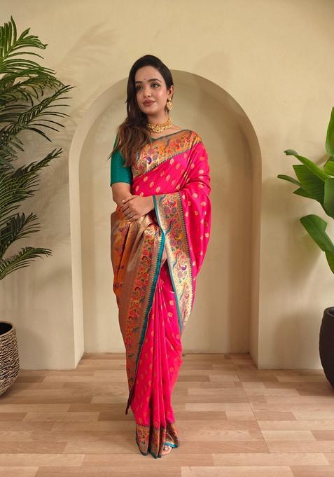 Pink Meenakari Work Silk Saree Set