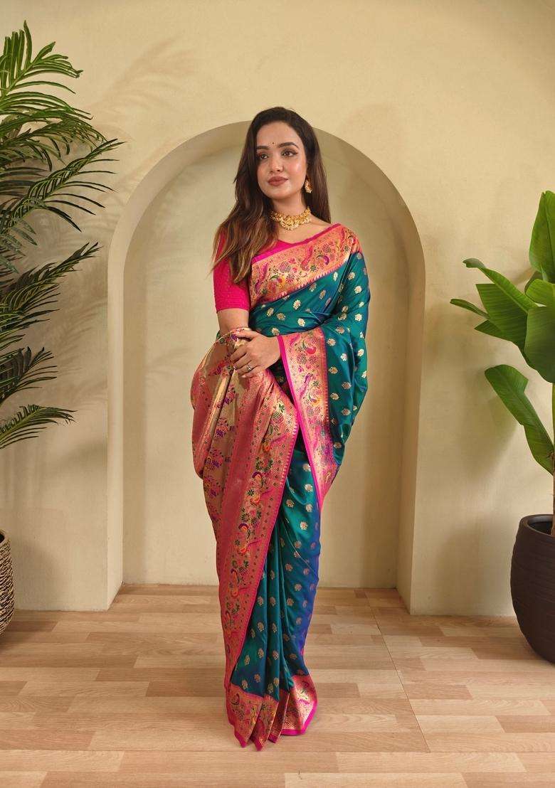 Rama Green Meenakari Work Silk Blend Saree Set for Diwali | Wedding & Festive Wear - Indya