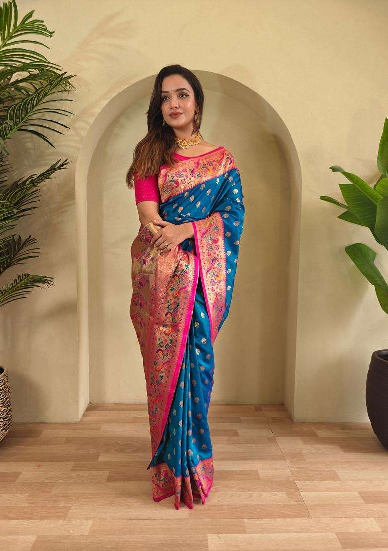 Teal Blue Meenakari Work Silk Blend Saree Set for Diwali | Wedding & Festive Wear - Indya