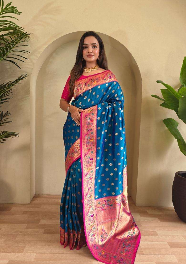Teal Blue Meenakari Work Silk Blend Saree Set for Diwali | Wedding & Festive Wear - Indya