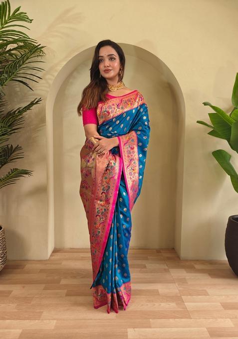 Teal Blue Meenakari Work Silk Saree Set