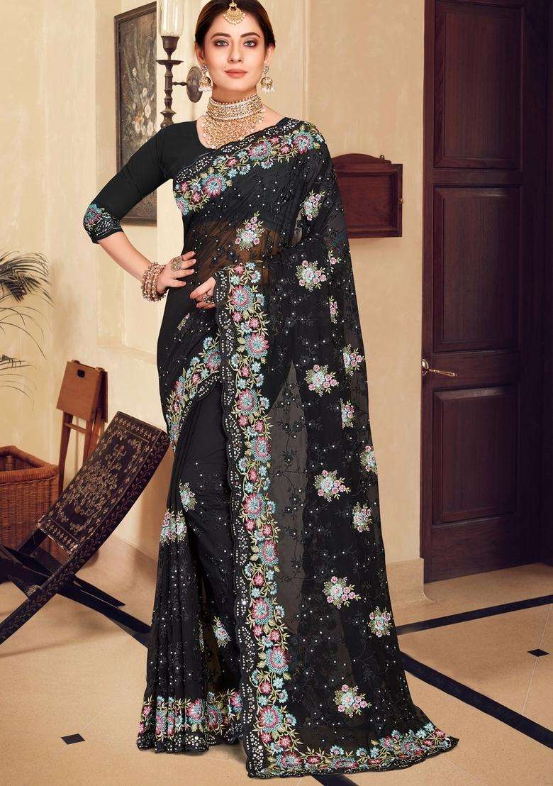 Black Zari Work Georgette Saree Set - Indya