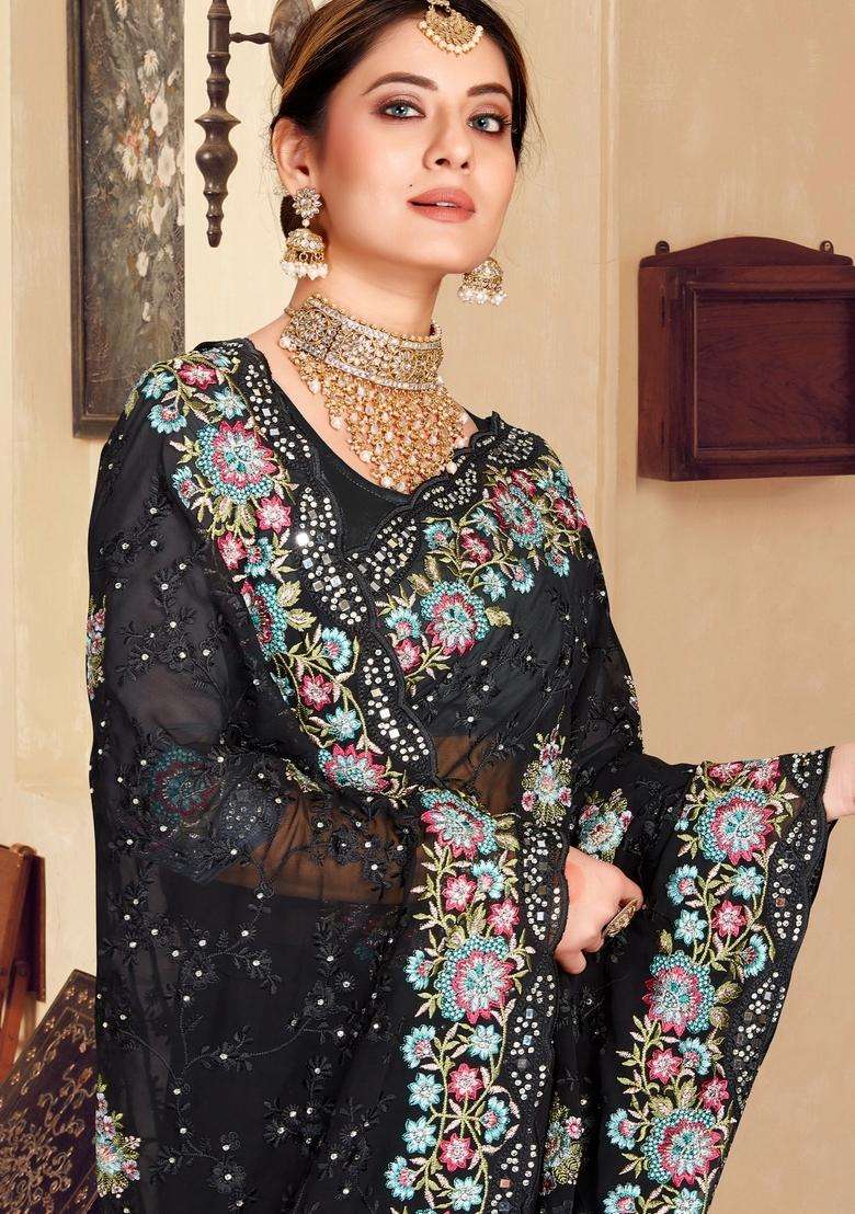 Black Zari Work Georgette Saree Set - Indya