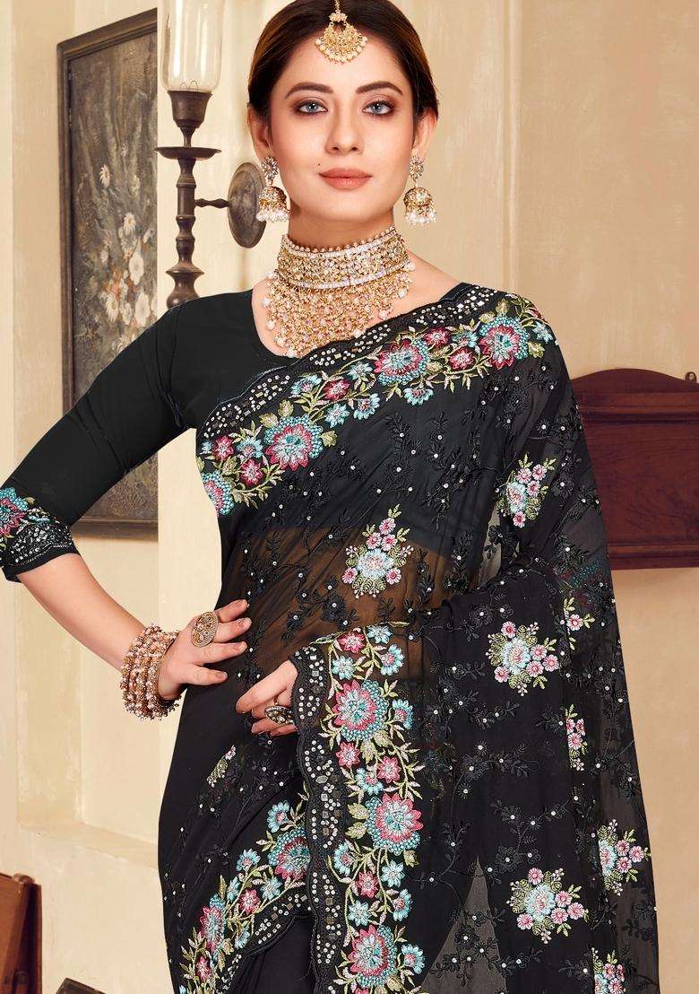 Black Zari Work Georgette Saree Set - Indya