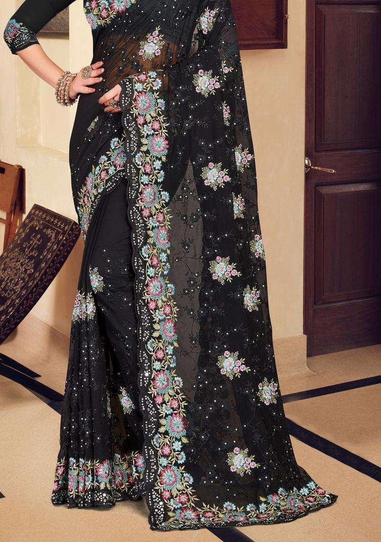 Black Zari Work Georgette Saree Set - Indya
