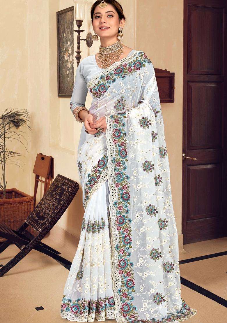 White Zari Work Georgette Saree Set - Indya