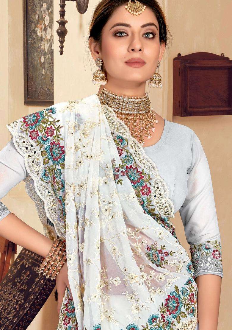 White Zari Work Georgette Saree Set - Indya