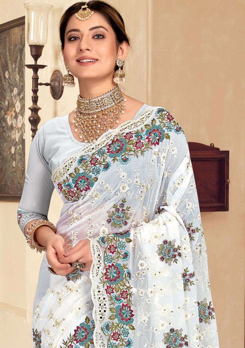White Zari Work Georgette Saree Set - Indya