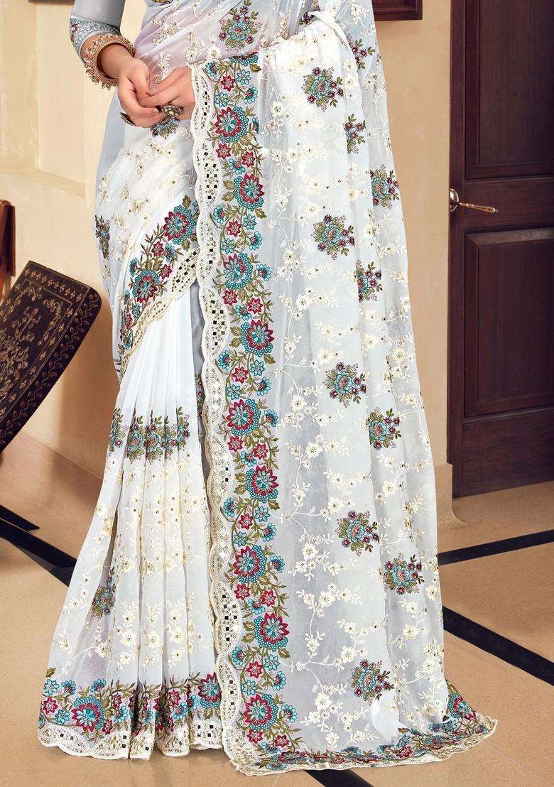 White Zari Work Georgette Saree Set - Indya