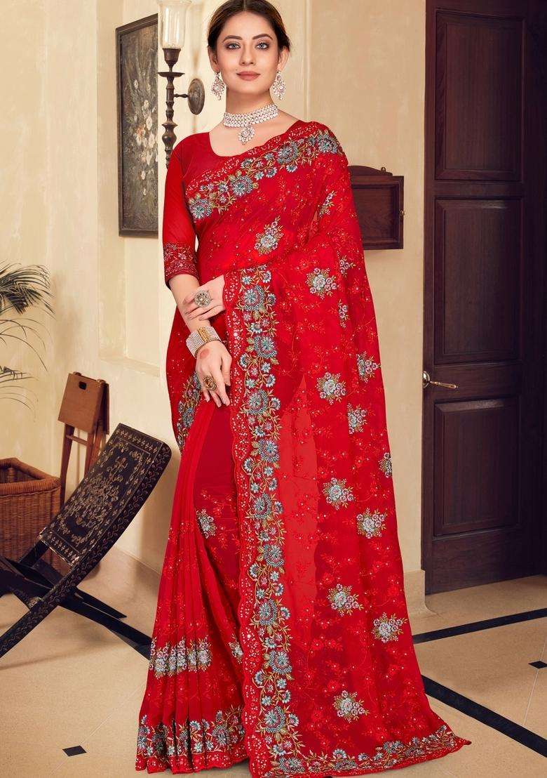 Red Zari Work Georgette Saree Set - Indya