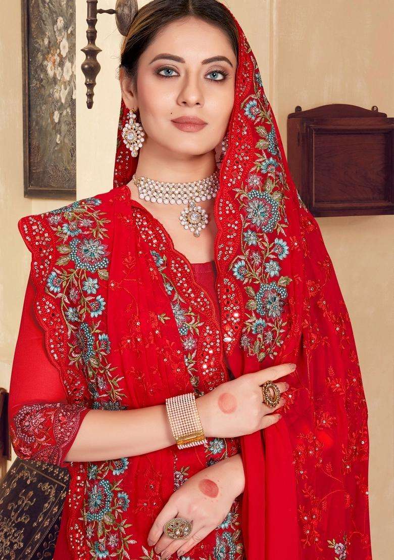 Red Zari Work Georgette Saree Set - Indya