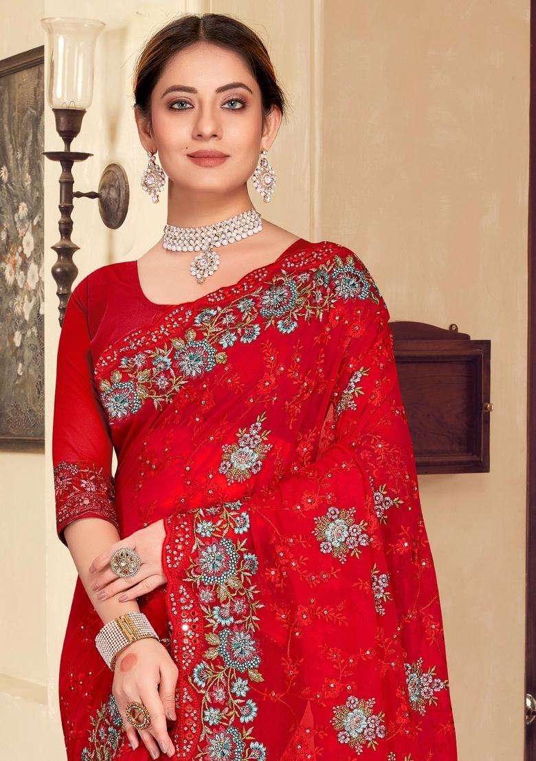 Red Zari Work Georgette Saree Set - Indya