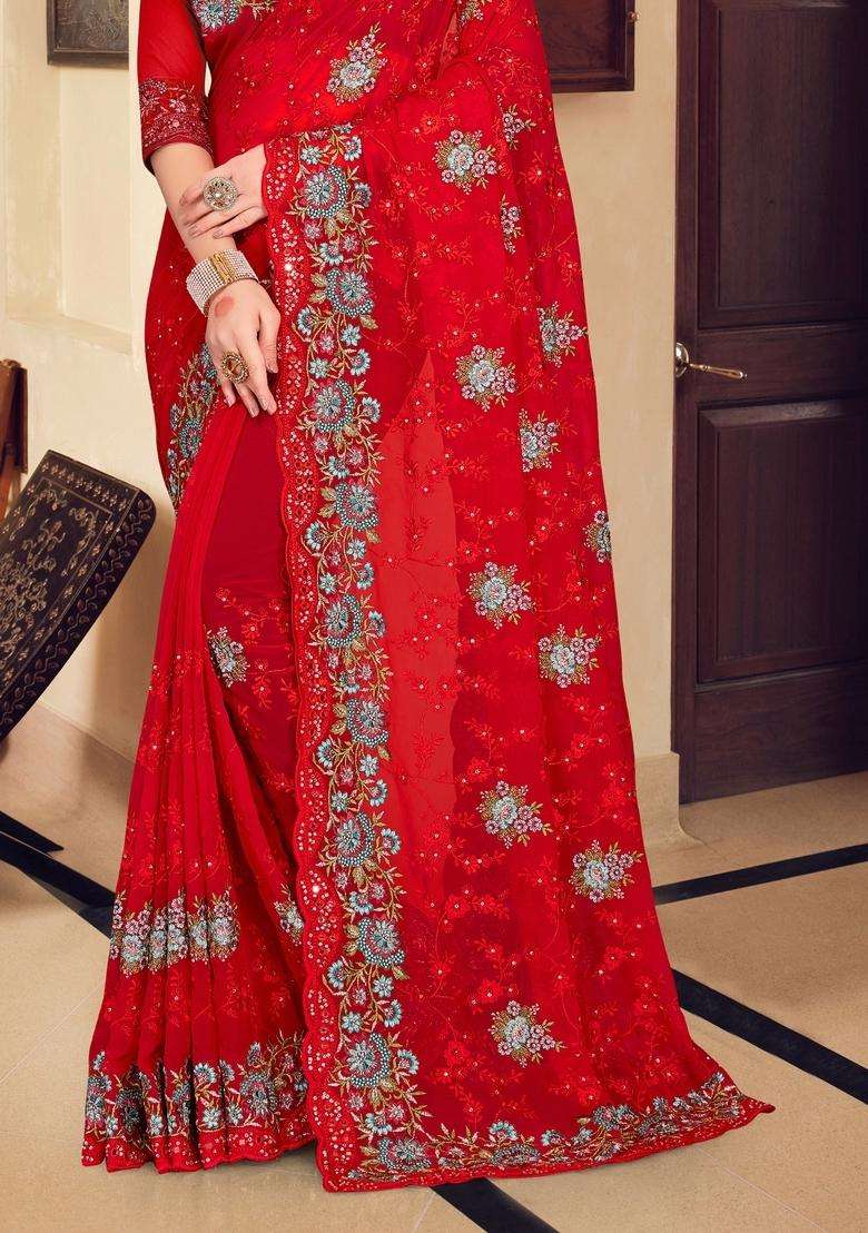 Red Zari Work Georgette Saree Set - Indya
