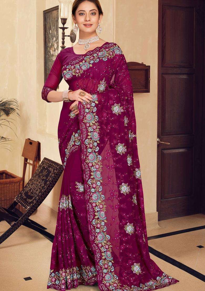 Wine Zari Work Georgette Saree Set - Indya