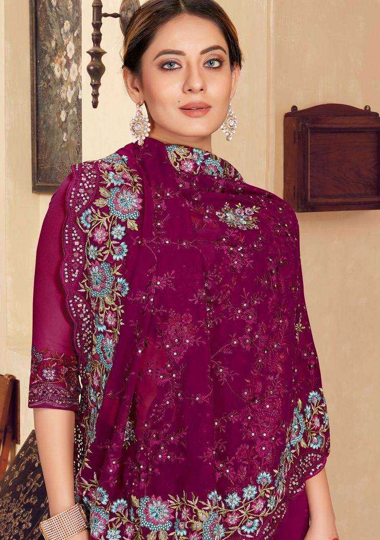 Wine Zari Work Georgette Saree Set - Indya