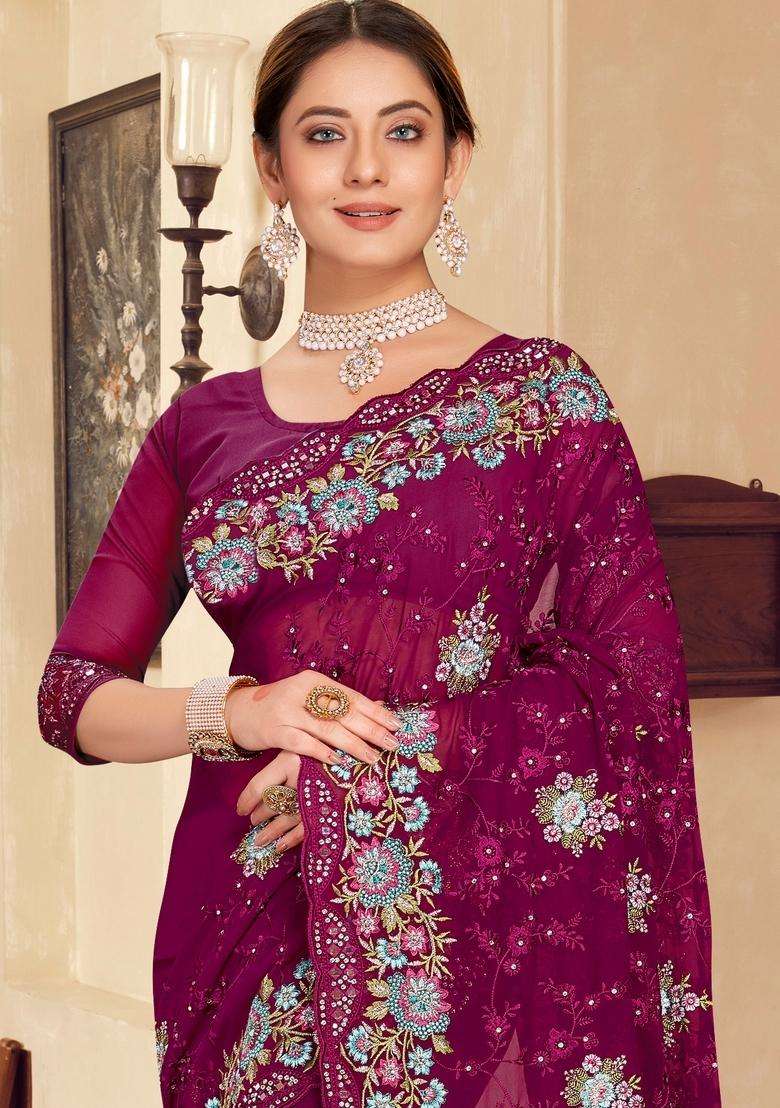 Wine Zari Work Georgette Saree Set - Indya