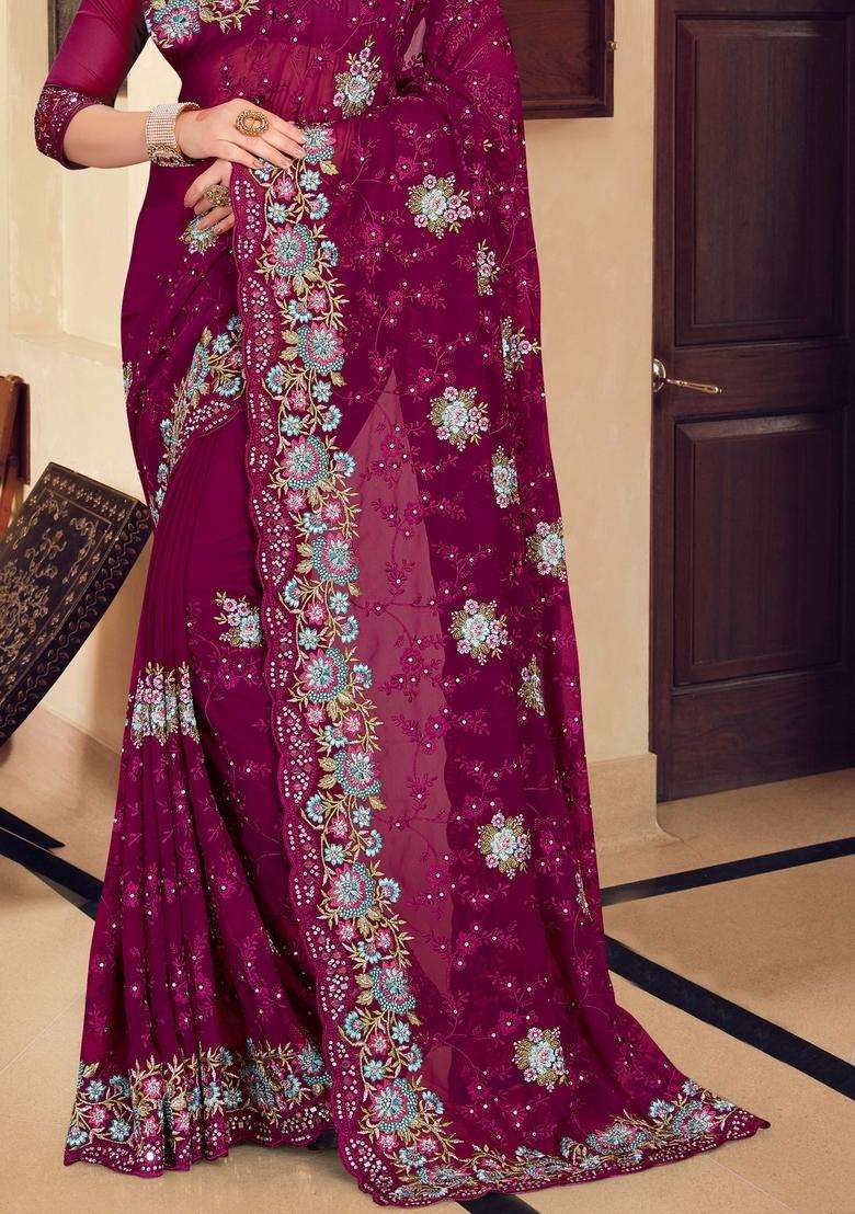 Wine Zari Work Georgette Saree Set - Indya