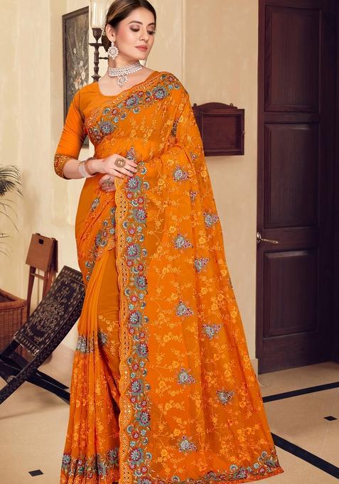 Mustard Zari Work Georgette Saree Set