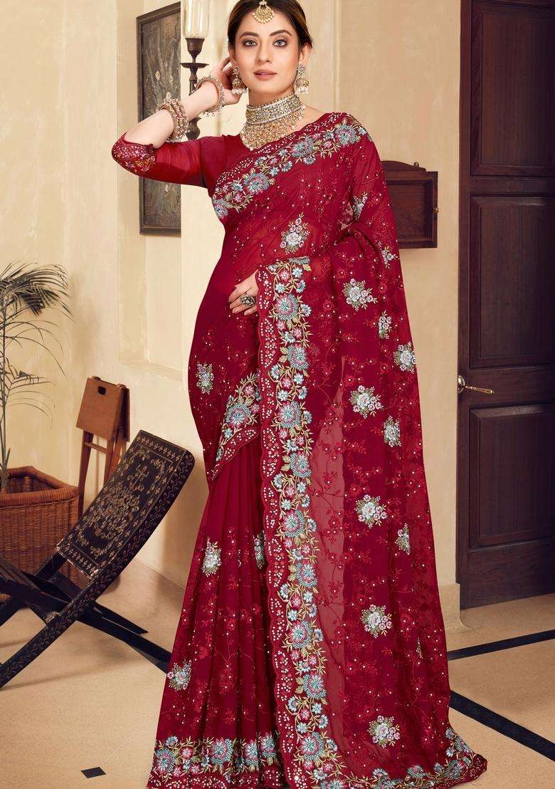 Maroon Zari Work Georgette Saree Set - Indya