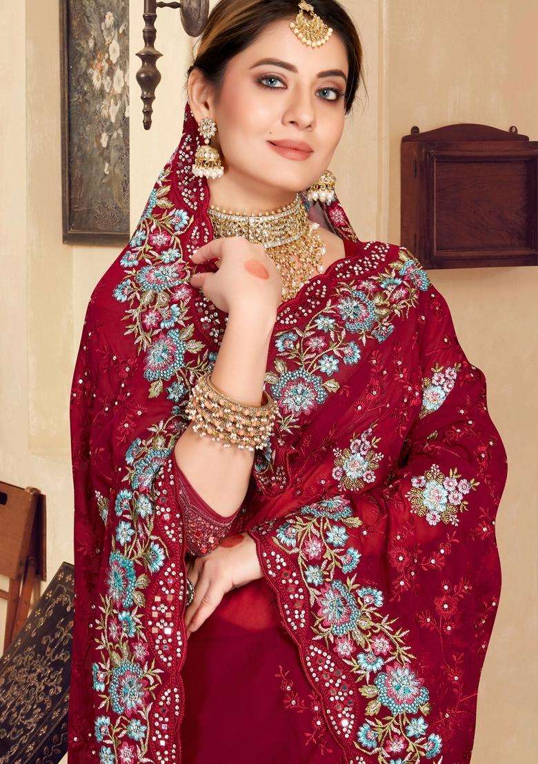 Maroon Zari Work Georgette Saree Set - Indya
