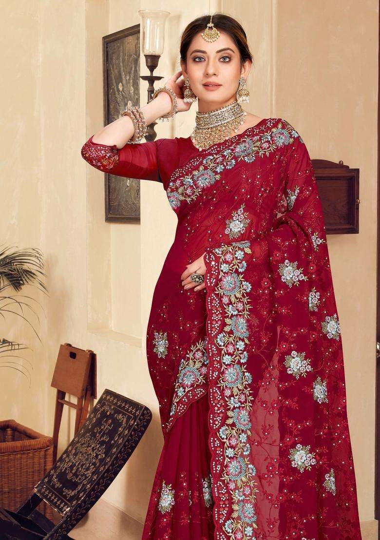 Maroon Zari Work Georgette Saree Set - Indya