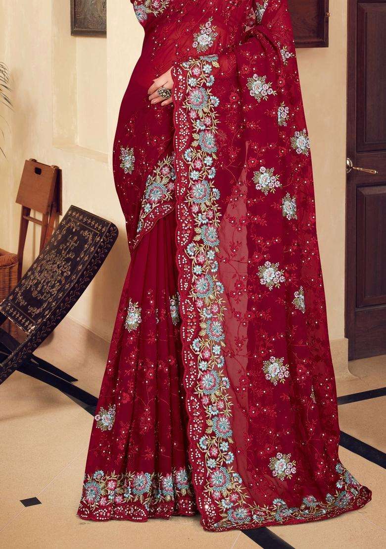 Maroon Zari Work Georgette Saree Set - Indya
