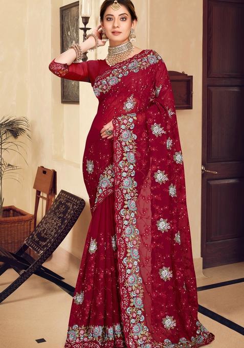 Maroon Zari Work Georgette Saree Set