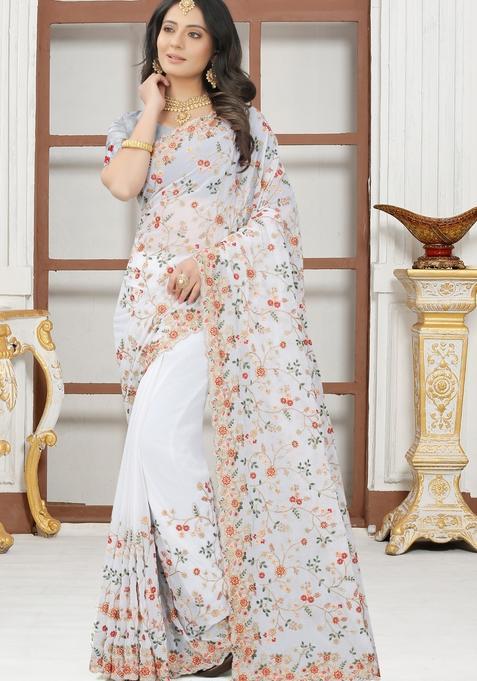 White Zari Work Georgette Saree Set