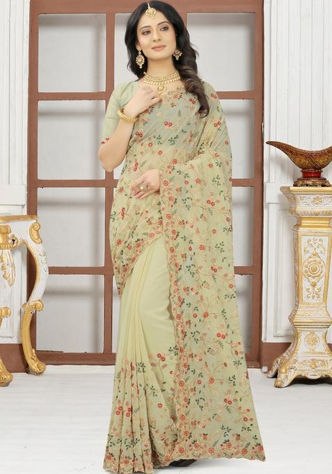 Beige Zari Work Georgette Saree Set