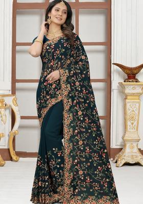 Teal Zari Work Georgette Saree Set