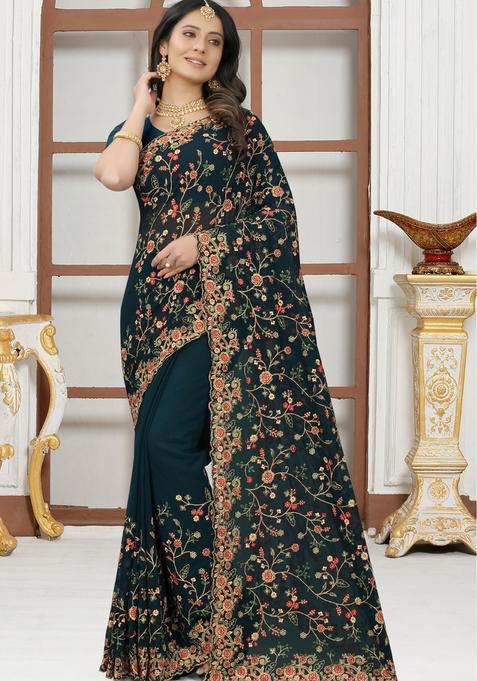 Teal Zari Work Georgette Saree Set