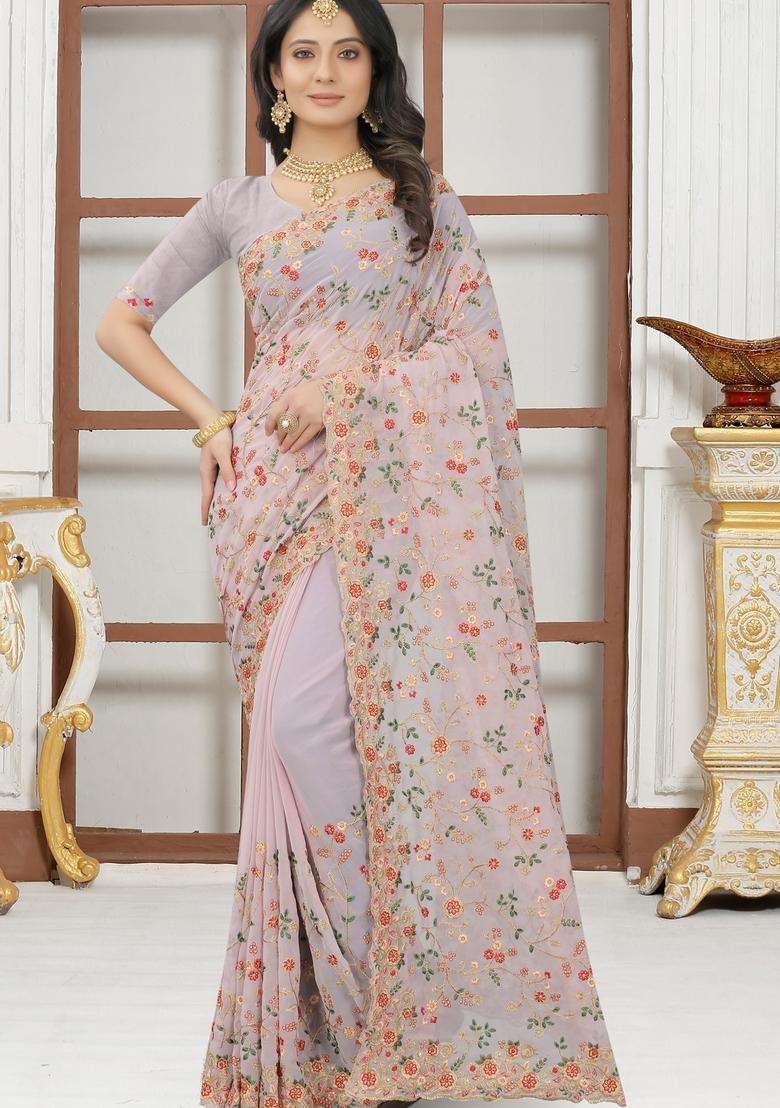 Lavender Zari Work Georgette Saree Set for Diwali and Festive Wear - Indya