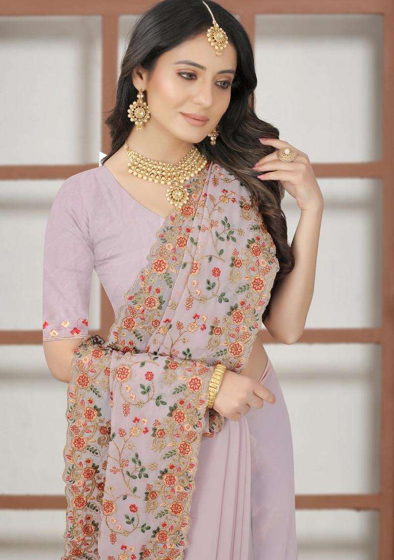 Lavender Zari Work Georgette Saree Set for Diwali and Festive Wear - Indya